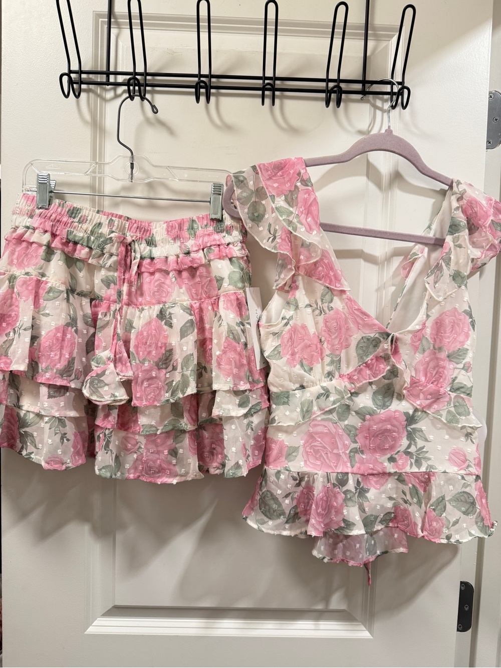 Two Piece Pink Rose Tiered Ruffle Shorts and Top